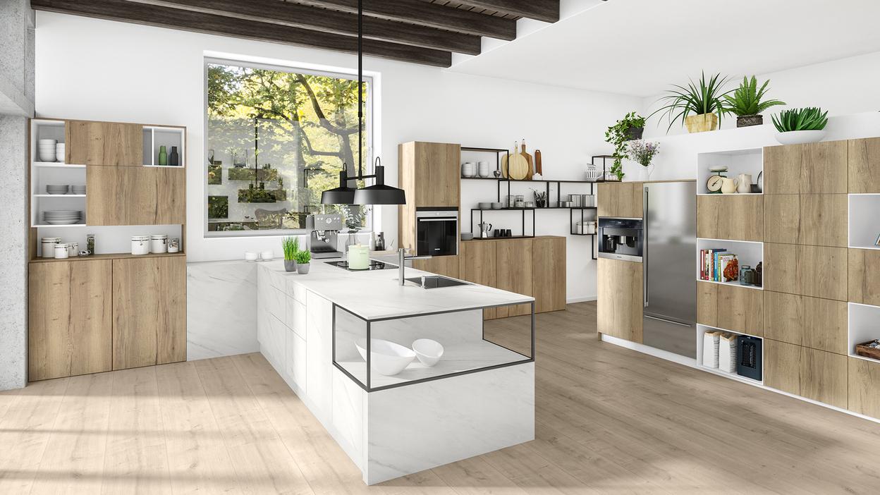 Helles Küchenplanungsbeispiel Planungsbeispiel einer offenen und hellen Küche mit Holzoberflächen
